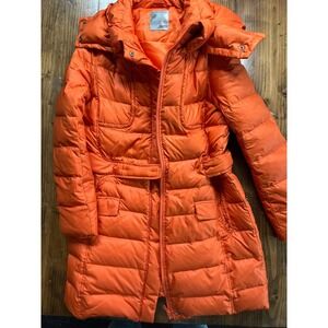 JNBY Orange Puffer Coat Hooded Belted Down Fill Long Winter Warm